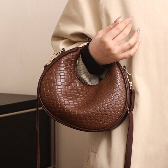 Coffee Brown Vintage Women's Zipper Closure Faux Leather Woven Bag - Picture 4 of 7